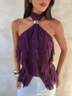 Halter Gold Buckle Ruffle Sheer Mesh Tie Back Cami Top