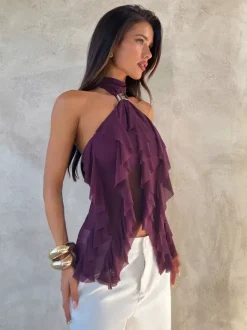 Halter Gold Buckle Ruffle Sheer Mesh Tie Back Cami Top