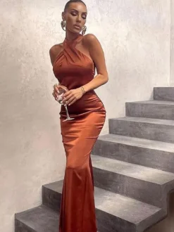 Halter Maxi Dress Sleeveless Sexy Stretch Pleated Floor Length Prom Dress