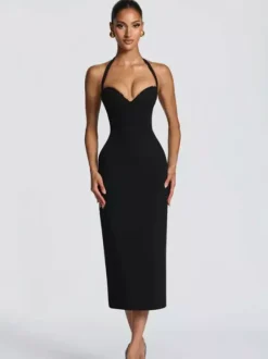 Halter Neck Lace Up Back Bodycon Midi Dress For Women 2026