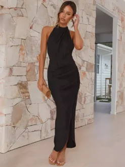 Halter Neck Maxi Party Dress With High Slit For Women 2026