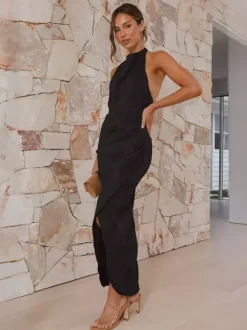 Halter Neck Maxi Party Dress With High Slit For Women 2026