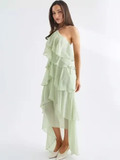 Halter Ruffle Maxi Dress For Women - Elegant Backless Tiered Chiffon High Low Sun Dress - Summer Date Night Outfit 2026