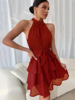 Halter Short Dress Sleeveless Pleated Belted Tulle Tiered Party Cocktail Dresses