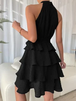 Halter Short Dress Sleeveless Pleated Belted Tulle Tiered Party Cocktail Dresses