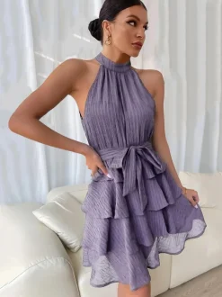Halter Short Dress Sleeveless Pleated Belted Tulle Tiered Party Cocktail Dresses