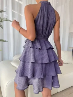 Halter Short Dress Sleeveless Pleated Belted Tulle Tiered Party Cocktail Dresses