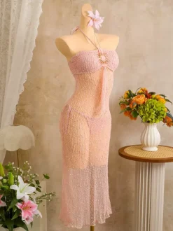 Halter Sun Button Hollow Knit Sheer Mesh Beach Cover Up Midi Dress
