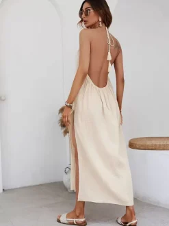 Halter Backless Maxi Dress for Women - Apricot Boho Side Slit Tassel Tie Loose Fit Cotton Sundress - Summer Beach Resort 2026