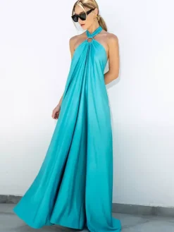 Halter Backless Women Maxi Dress - Satin Minimalist Flowy Gown - Summer Vacation Beach Party 2026