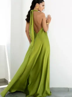 Halter Backless Women Maxi Dress - Satin Minimalist Flowy Gown - Summer Vacation Beach Party 2026