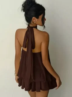Halter Bubble Mini Dress For Women - Elegant Pleated Backless Loose Fit Chiffon Skater Dress - Summer Beach Vacation 2026
