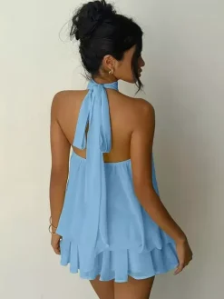 Halter Bubble Mini Dress For Women - Elegant Pleated Backless Loose Fit Chiffon Skater Dress - Summer Beach Vacation 2026