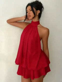 Halter Bubble Mini Dress For Women - Elegant Pleated Backless Loose Fit Chiffon Skater Dress - Summer Beach Vacation 2026