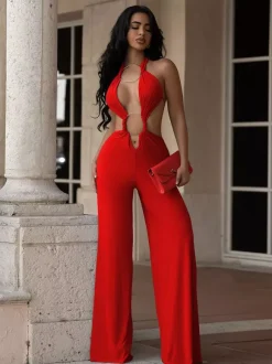 Halter Cutout Backless Wide Leg Jumpsuit For Party Club