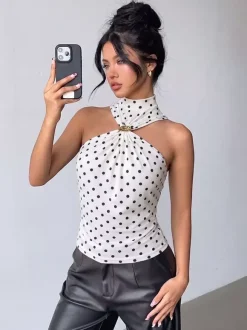 Halter Cutout Polka Dot Sleeveless Slim Cami Top