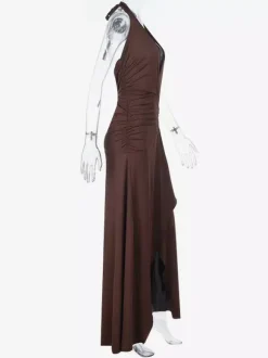 Halter Deep V Neck Maxi Dress For Women - Brown Slinky Ruched Backless Bodycon Gown - Summer Evening Party 2026