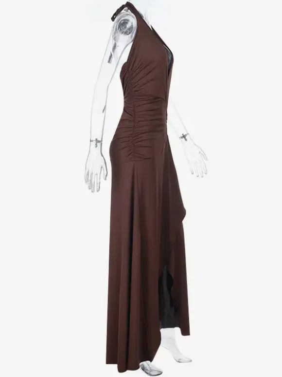 Halter Deep V Neck Maxi Dress For Women - Brown Slinky Ruched Backless Bodycon Gown - Summer Evening Party 2026