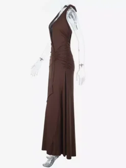 Halter Deep V Neck Maxi Dress For Women - Brown Slinky Ruched Backless Bodycon Gown - Summer Evening Party 2026