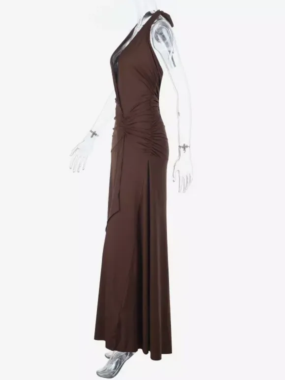 Halter Deep V Neck Maxi Dress For Women - Brown Slinky Ruched Backless Bodycon Gown - Summer Evening Party 2026