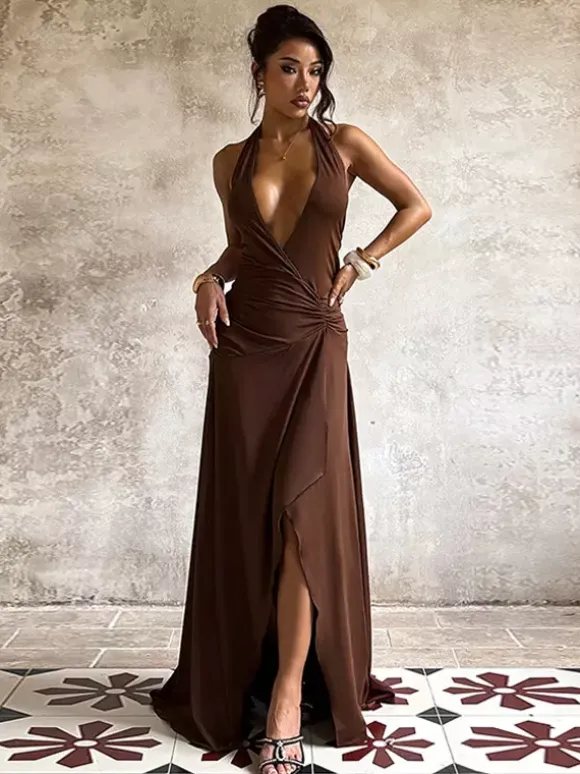 Halter Deep V Neck Maxi Dress For Women - Brown Slinky Ruched Backless Bodycon Gown - Summer Evening Party 2026