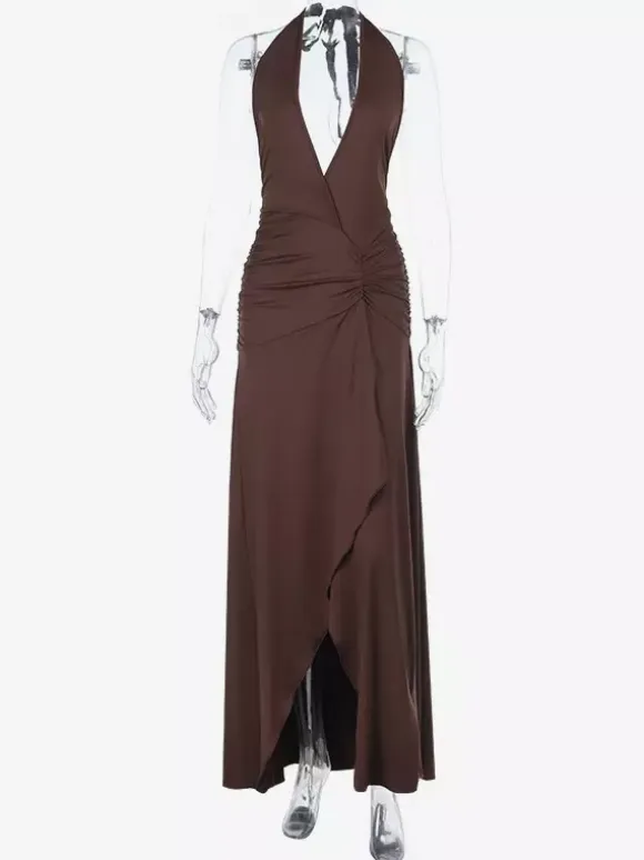 Halter Deep V Neck Maxi Dress For Women - Brown Slinky Ruched Backless Bodycon Gown - Summer Evening Party 2026