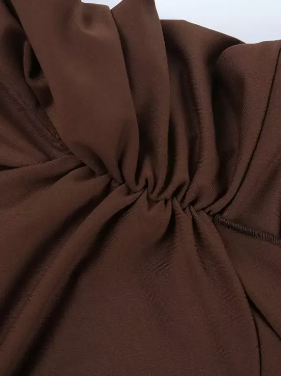 Halter Deep V Neck Maxi Dress For Women - Brown Slinky Ruched Backless Bodycon Gown - Summer Evening Party 2026