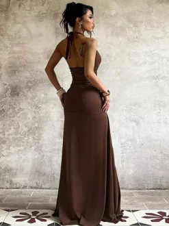 Halter Deep V Neck Maxi Dress For Women - Brown Slinky Ruched Backless Bodycon Gown - Summer Evening Party 2026
