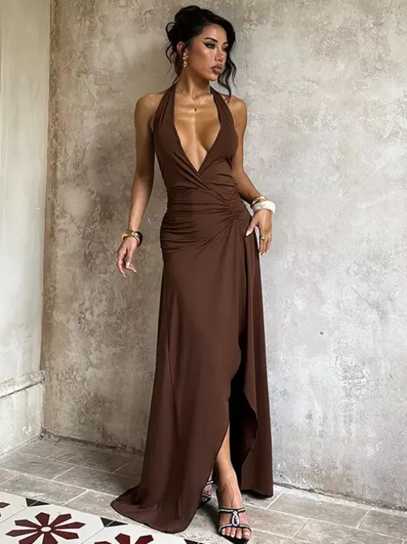 Halter Deep V Neck Maxi Dress For Women - Brown Slinky Ruched Backless Bodycon Gown - Summer Evening Party 2026