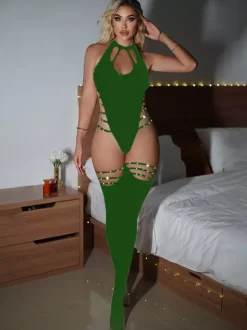 Halter Fishnet Bodysuit Side Cutout Straps See Through Mesh Lingerie Catsuit