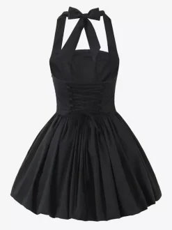 Halter Mini Dress In Black Square Neck A-Line Sexy Birthday Party Dress For Women 2026