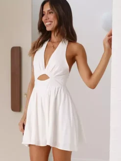Halter Mini Skater Dress for Women - Cut Out Front Deep V Neck Backless Flowy Skort Sundress - Summer Beach Vacation 2026