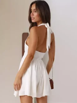 Halter Mini Skater Dress for Women - Cut Out Front Deep V Neck Backless Flowy Skort Sundress - Summer Beach Vacation 2026