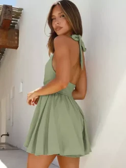 Halter Mini Skater Dress for Women - Cut Out Front Deep V Neck Backless Flowy Skort Sundress - Summer Beach Vacation 2026