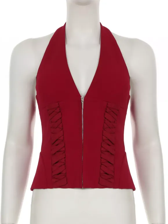 Halterneck Corset Top With Zipper And Back Lace-up Detail For Night Club 2026