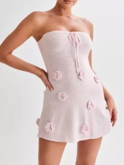 Halter Neck Knitted Mini Dress for Women - Pink 3D Flower Sleeveless Bodycon Short Dress - Summer Beach Party 2026