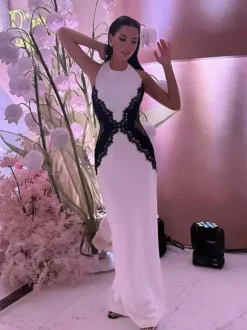 Halter Neck Lace Patchwork Contrast Color Sleeveless Maxi Dress For Women 2026