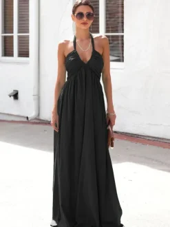 Halter Neck Maxi Dress for Women - Boho V Neck Ruched Flowy Backless Sun Dress - Summer Beach Party 2026