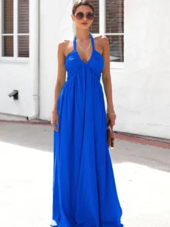 Halter Neck Maxi Dress for Women - Boho V Neck Ruched Flowy Backless Sun Dress - Summer Beach Party 2026