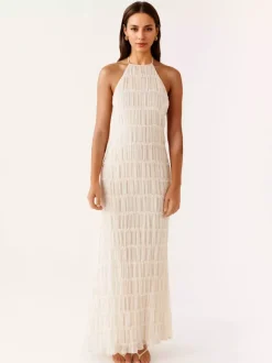 Halter Neck Pleated Maxi Dress for Women - Boho Ruched Backless Sleeveless Tiered Long Sundress - Summer Beach Event 2026