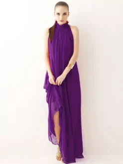 Halter Sundress Jewel Neck Lace Up Chiffon Beach Prom Maxi Dresses