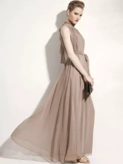Halter Sundress Jewel Neck Lace Up Chiffon Beach Prom Maxi Dresses