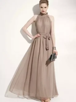 Halter Sundress Jewel Neck Lace Up Chiffon Beach Prom Maxi Dresses