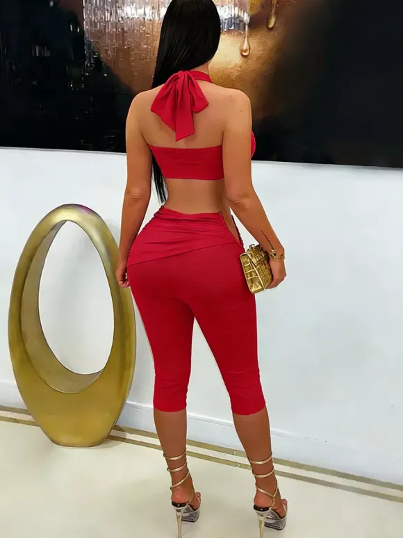 Halter Twist Cutout Crop Top Ruched Capri Pants 2 Piece Set