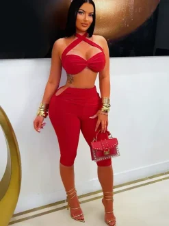 Halter Twist Cutout Crop Top Ruched Capri Pants 2 Piece Set