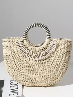 Hand-held Straw Bag With Shell Semi-circular Beach Bag For Women 2026