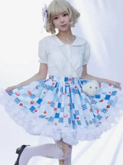 Harajuku Fashion Lolita SK Floral Print Light Sky Blue Ruffles Lolita Skirts