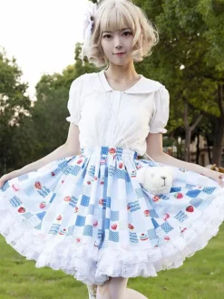 Harajuku Fashion Lolita SK Floral Print Light Sky Blue Ruffles Lolita Skirts