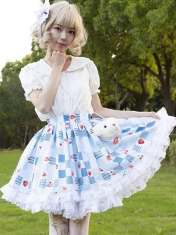 Harajuku Fashion Lolita SK Floral Print Light Sky Blue Ruffles Lolita Skirts
