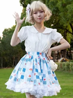 Harajuku Fashion Lolita SK Floral Print Light Sky Blue Ruffles Lolita Skirts